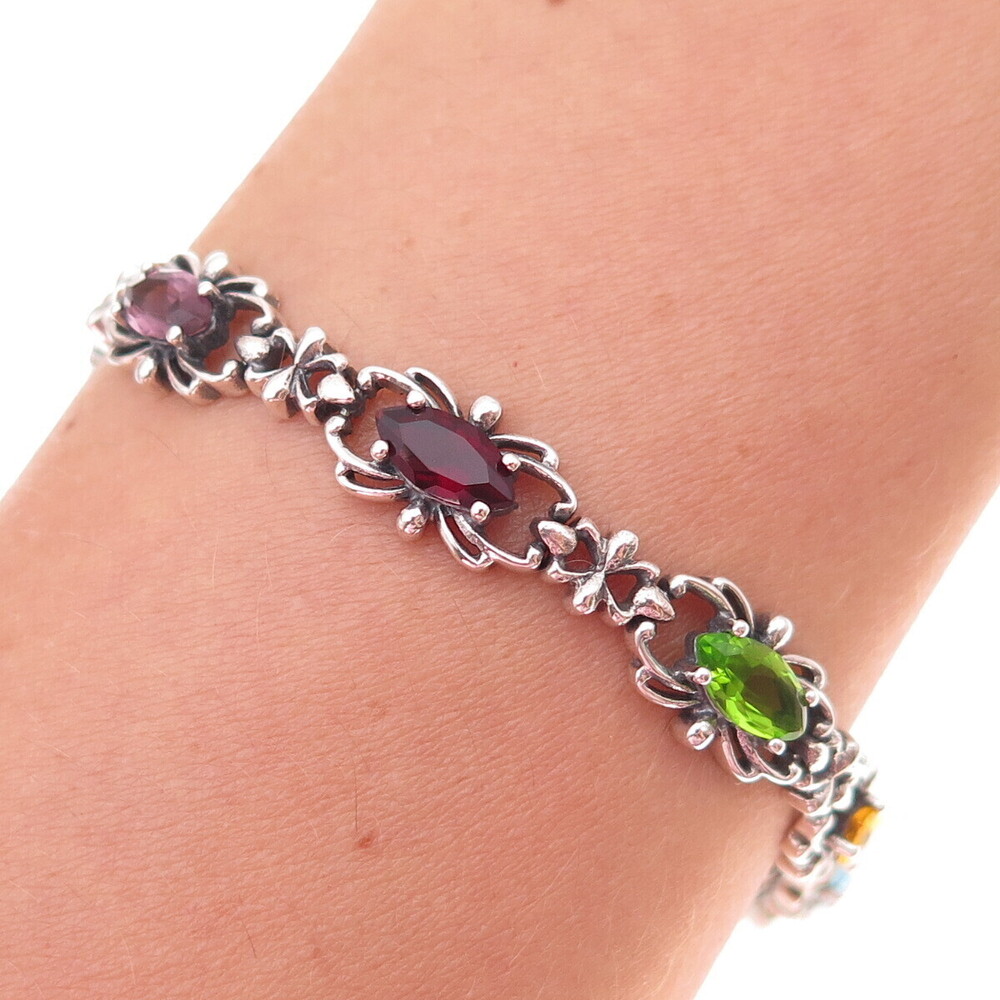 925 Sterling Silver Vintage Real Multi-Color Gem Floral Link Bracelet 7"